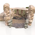 Natural Rock Garden Scene Structure With Water Basin Green Plants And Moss