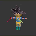 3D Model Of Anime Character Goku In Yellow Outfit With Blue Shoes And Red Staff