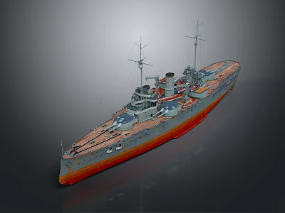 Warship Battleship Side View With Gray Upper Hull Red Lower Hull Turrets And Masts 3d model
