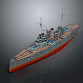 Warship Battleship Side View With Gray Upper Hull Red Lower Hull Turrets And Masts