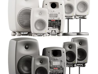 Modern Home Audio Speakers System With Different Sizes Stands And Subwoofer Design 3d model