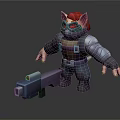 Red Eyed Red Haired Masked Creature Warrior With Mechanical Armor And Large Gun 3d model
