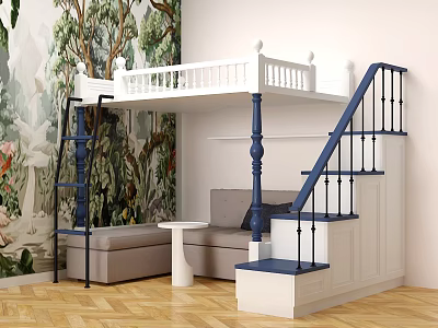 Kids Room Interior With Loft Bed Blue Staircase Mural Sofa Small Table And Wooden Floor 3d model