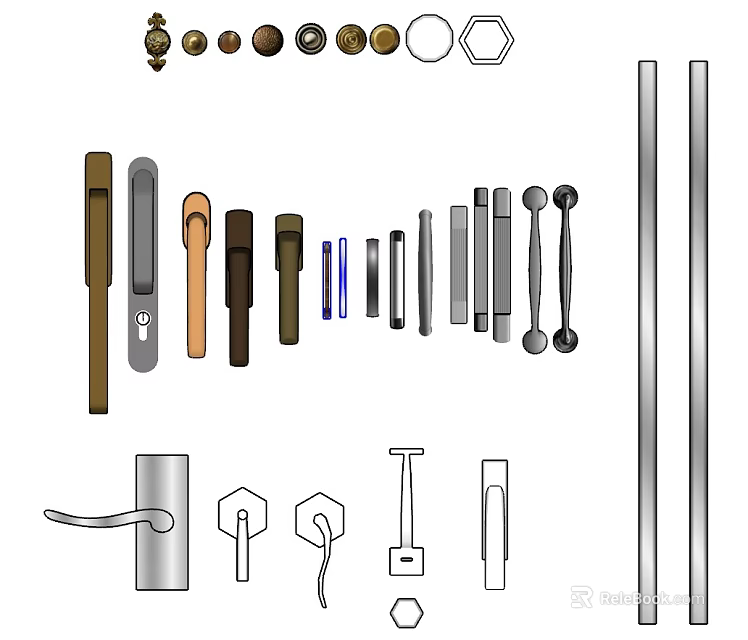Various Types Of Cabinet Door Handles With Metal And Wooden Designs 3d model 
