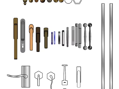 Various Types Of Cabinet Door Handles With Metal And Wooden Designs 3d model