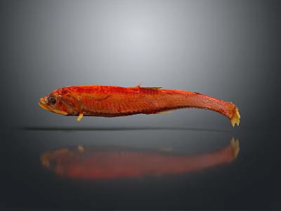Red Fish With Yellow Fins And Tail On Gray Background With Reflection 3d model