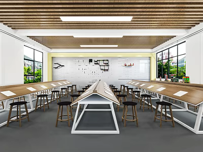 School Classroom Interior With Wooden Ceiling Large Windows Wooden Long Tables And Black Stools 3d model