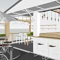 Café Serving Coffee and Milk Tea with Outdoor Seating Green Plants and Umbrellas