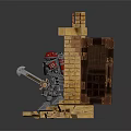 Red And Gray Robot Standing In Broken Brick Wall Doorway With Debris