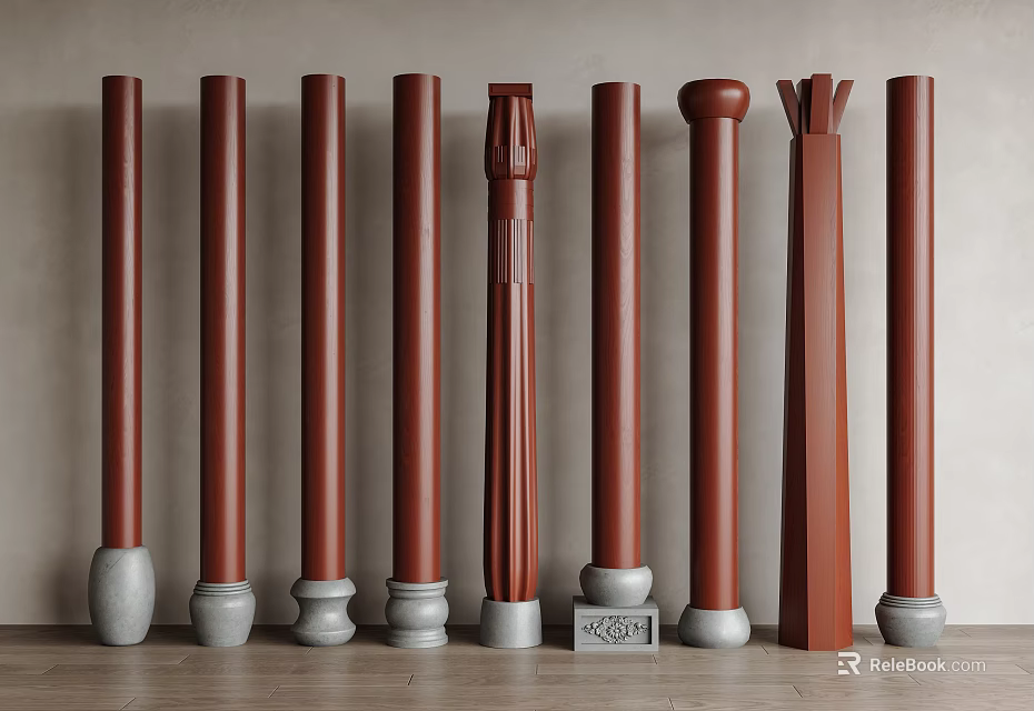 Red Pillars Featuring Various Designs And Gray Bases In Arranged 3d model