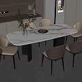 Modern Dining Table Set With Oval Marble Top And Light Gray Beige Chairs In Kitchen