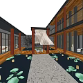 Traditional Garden Landscape With Stone Path Lotus Leaves Water Pond Wooden Structures And Decorative Screen