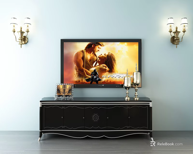 Elegant Black TV Stand In Living Room With Wall Sconces And Decorative Items 3d model 