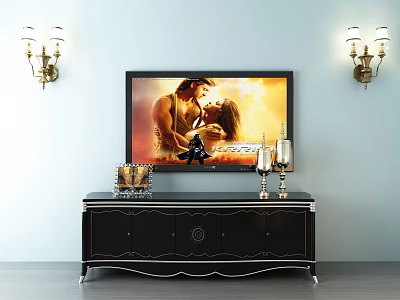 Elegant Black TV Stand In Living Room With Wall Sconces And Decorative Items 3d model