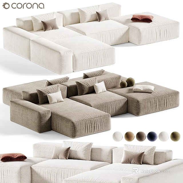Modern Modular Three Seater Sofa With Soft Fabric Cushions And Multiple Color Options 3d model 