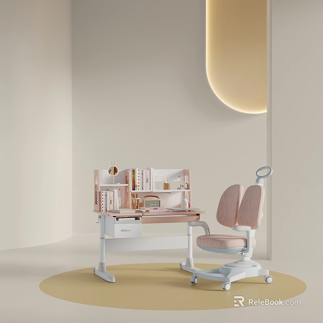 Kids Study Desk And Chair With Pastel Pink Design Storage Shelves And Round Lamp 3d model 