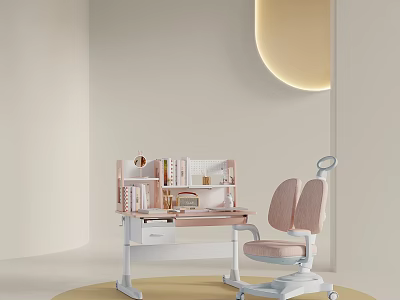 Kids Study Desk And Chair With Pastel Pink Design Storage Shelves And Round Lamp 3d model