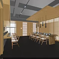 Modern Japanese Restaurant Interior With Wooden Tables Chairs Hanging Lights And Shoji Screens