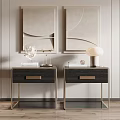 Two Modern Nightstands With Metal Frames Wall Art Table Lamp And Decorative Books