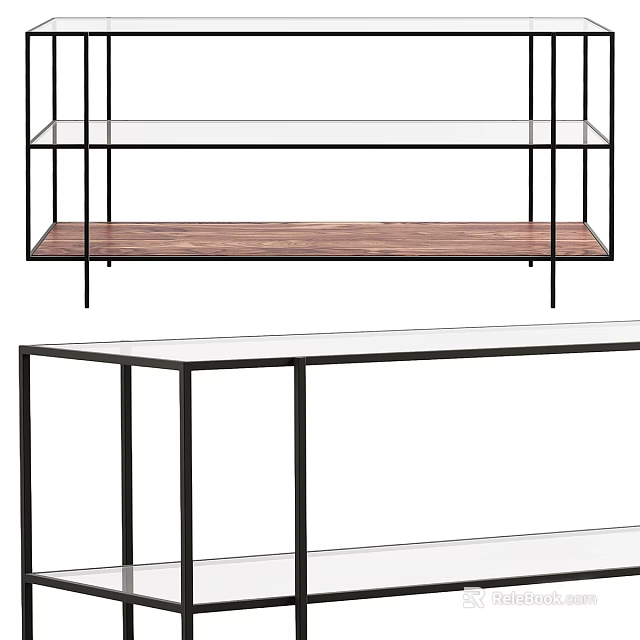 Modern Minimalist Shelving Unit With Black Metal Frame Wooden And Glass Shelves 3d model 