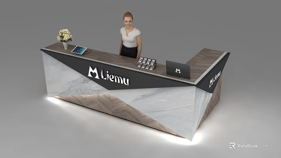 Modern Liemu Reception Desk with Marble Top Flower Vase and Tablet 3d model 