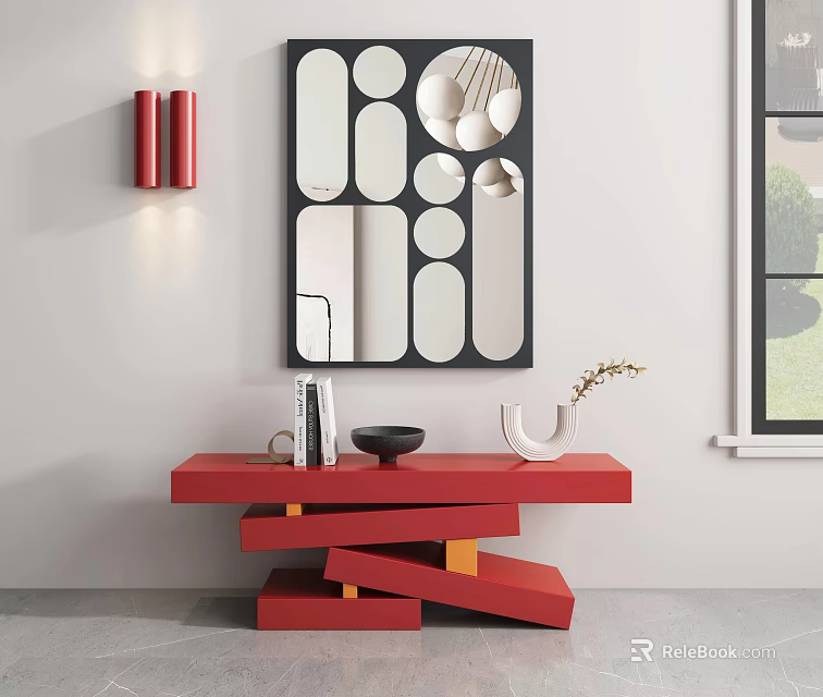 Red Modern Console Table with Geometric Design Black Frame Multiple Mirrors Red Wall Lamps 3d model