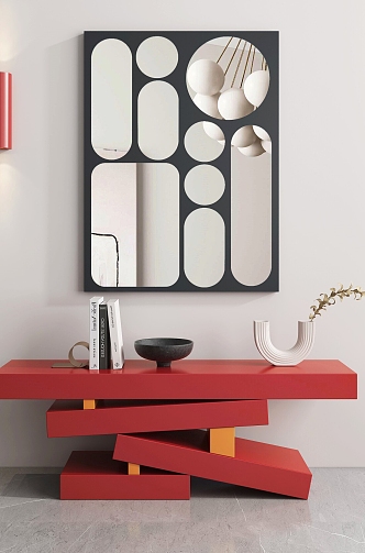 Minimalist Red Entrance Cabinet Mirror Painting 3d model