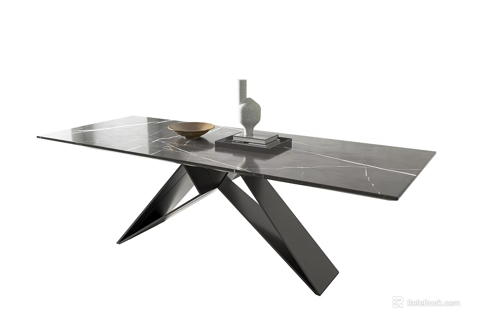 Modern Marble Dining Table With Black Metal Cross Legs And Gold Bowl Geometric Decor 3d model 