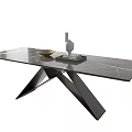 Modern Marble Dining Table With Black Metal Cross Legs And Gold Bowl Geometric Decor