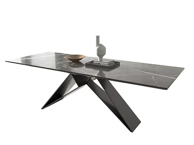 Modern Marble Dining Table With Black Metal Cross Legs And Gold Bowl Geometric Decor 3d model