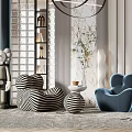 Stylish Casual Sofa Set With Black White Striped And Blue Single Sofas Round Side Table 3d model