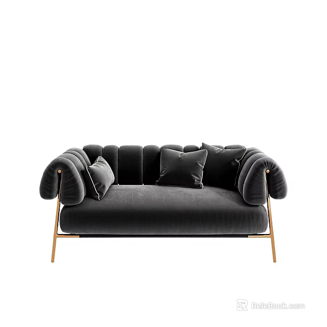 Black Velvet Multi Seater Sofa With Plush Cushions And Golden Legs Design 3d model 
