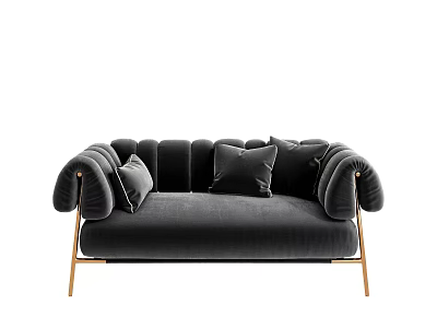 Black Velvet Multi Seater Sofa With Plush Cushions And Golden Legs Design 3d model