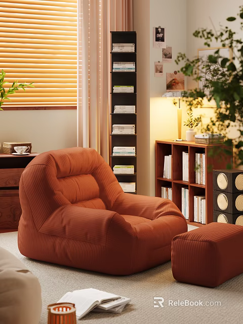 Orange Corduroy Armchair in Cozy Living Room with Bookshelf and Plants 3d model 