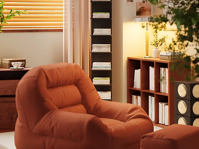 Orange Corduroy Armchair in Cozy Living Room with Bookshelf and Plants 3d model