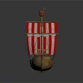 Ancient Wooden Sailing Ship Model with Red and White Striped Sail Decorative Flags and Towers