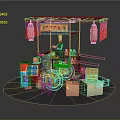 Red Food Cart Setup With Hanging Lanterns Signboard Green Drink Machine And Cardboard Boxes