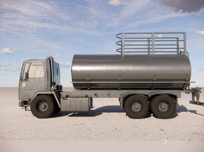 Silver Tanker Truck with Metal Rails on Sandy Ground Under Blue Sky 3d model 