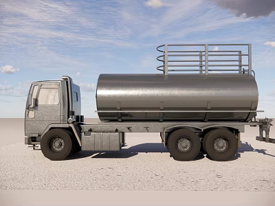 Silver Tanker Truck with Metal Rails on Sandy Ground Under Blue Sky 3d model
