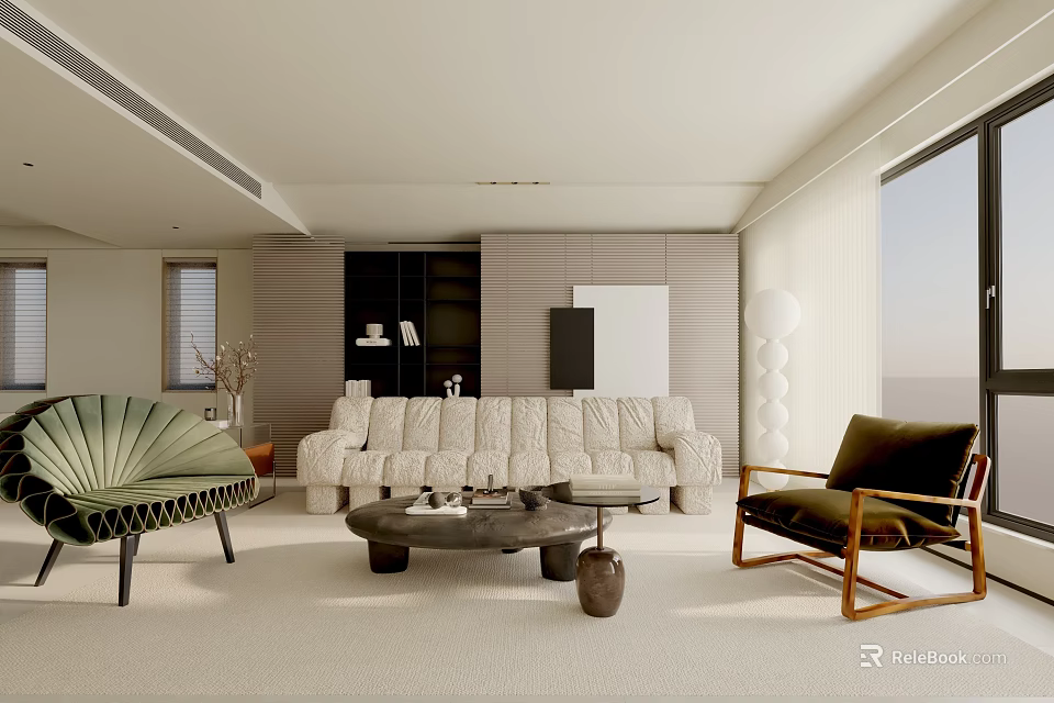 Modern Living Room Interior With White Sofa Coffee Table And Floor Lamp 3d model 