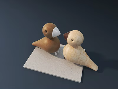 Two Handcrafted Wooden Bird Dolls On Light Square Base With Dark Background 3d model