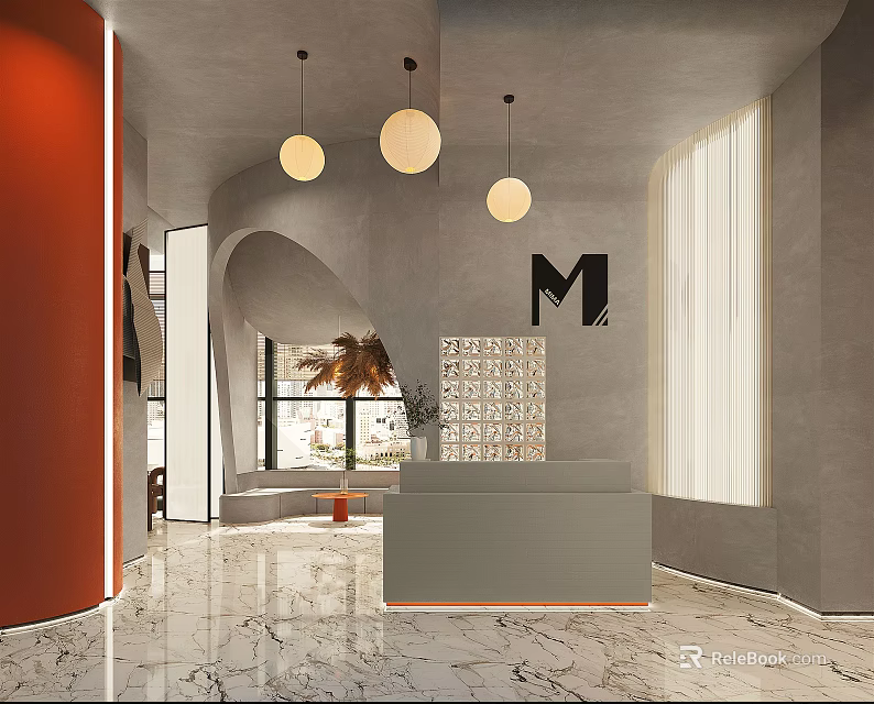 Modern Reception Area Interior With Front Desk Pendant Lights And Marble Floor 3d model