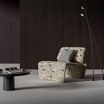 Patterned Beige Lounge Chair With Floor Lamp And Wooden Wall Background 3d model