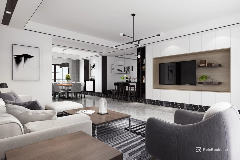 Modern Living Room Interior With Sofa Coffee Table Chandelier TV Wall And Artwork 3d model 