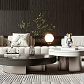 Modern Living Room Interior With Round Black And White Coffee Tables Green Plant And Lamp