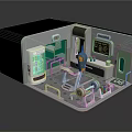 Cartoon Scene Of Miniature Control Room With Green Screens Robot Character And Control Consoles