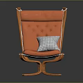 Comfortable Orange Leisure Chair With Tufted Backrest Wooden Frame And Checkered Pillow