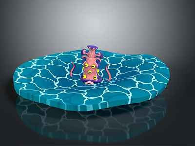Pink Octopus Character On Blue Cracked Platform With Yellow Spots 3d model