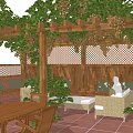 Wooden Pergola With Green Vines Grapes Outdoor Relaxing Seating And Terracotta Tiles