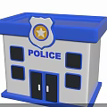 Blue And White Police Station Building With Roof Walls Doors Windows And Badge
